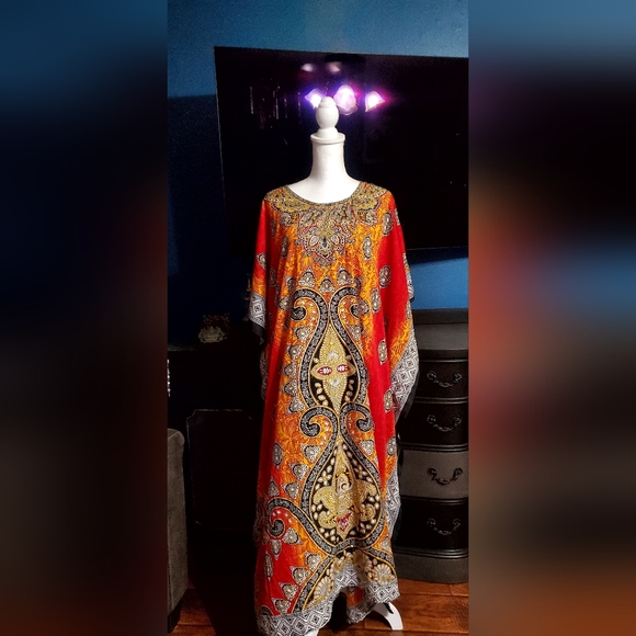 Long Loose Kaftan Jeweled- TRIBAL ,Beach Cover-Up /Maxi Dress Women's One Size - Picture 5 of 6